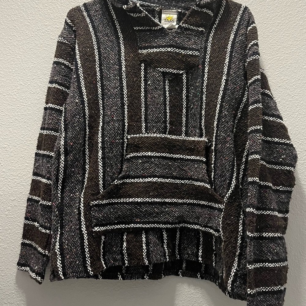 Striped Baja Hoodie size Large Mexican Poncho Hoodie Beach Boho‎